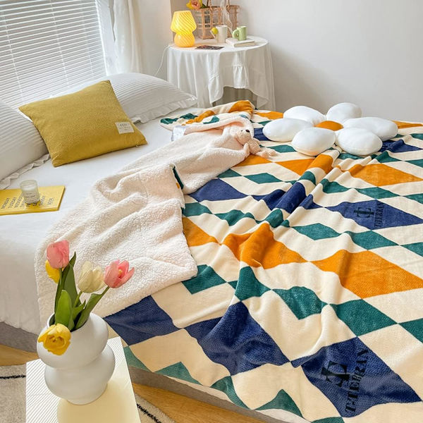 Varmt Blødt Gul og Blå Fleece Tæppe, Hyggelig Sherpa Sofa