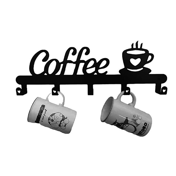 Vægmonteret kopholder til kaffe (4 kroge), køkken- eller kaffebar-dekorationsskilt, til visning og organisering af kaffekopophæng