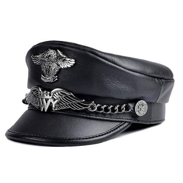 Unisex tysk militär keps man för läder platt topp hatt koreansk mode örn märke kedja punk lokomotiv basker man mörkbrun
