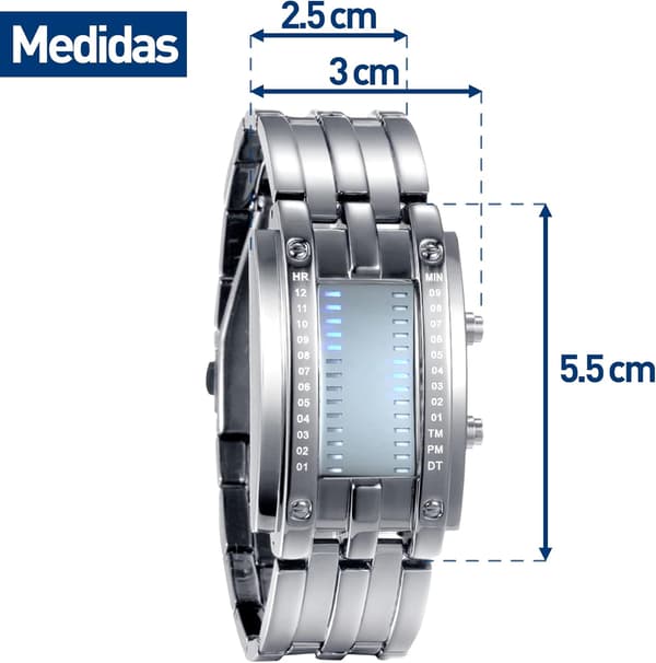 Mænds LED-ur, Binær, Blå Skærm, Digitalt Ur i Rustfrit Stål, Vandafvisende 30 Meter, Multifunktion