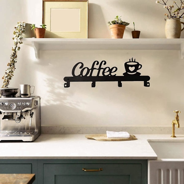 Väggmonterad kaffekoppshållare (4 krokar), kök eller kaffebar dekor skylt, för kaffekopphängare display och arrangör