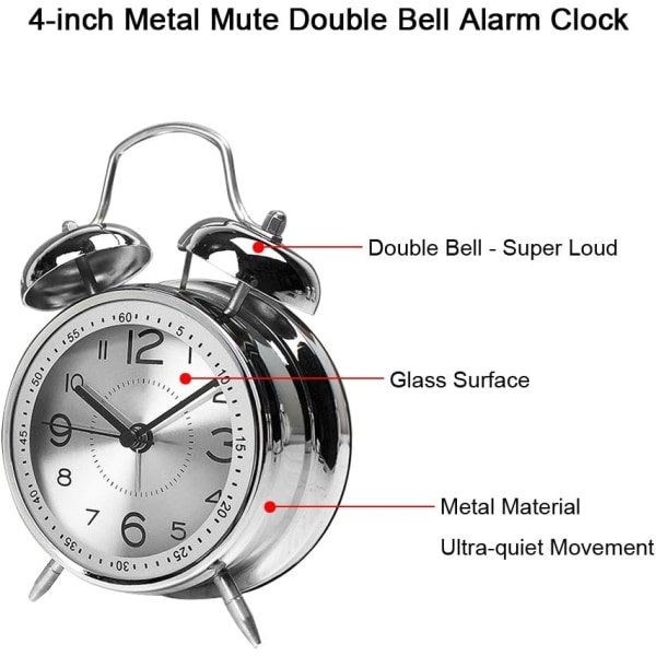 4-tums väckarklocka i metall med dubbelklocka vid sängen Lätt att ställa in högt batteri