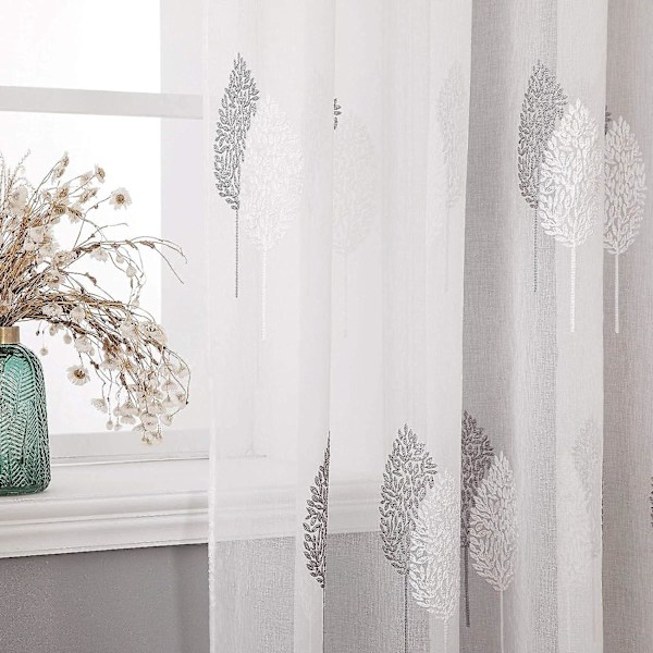 Gardiner Vardagsrum-Vackra med Trädmönster, Öglegardiner Voile, Voile Gardiner Dekoration, Set med 2 Broderade Fönstergardiner för Sovrum, 2X 10