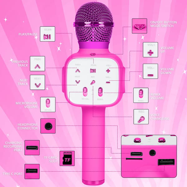 1 vaaleanpunainen mikrofoninen karaokekone lapsille