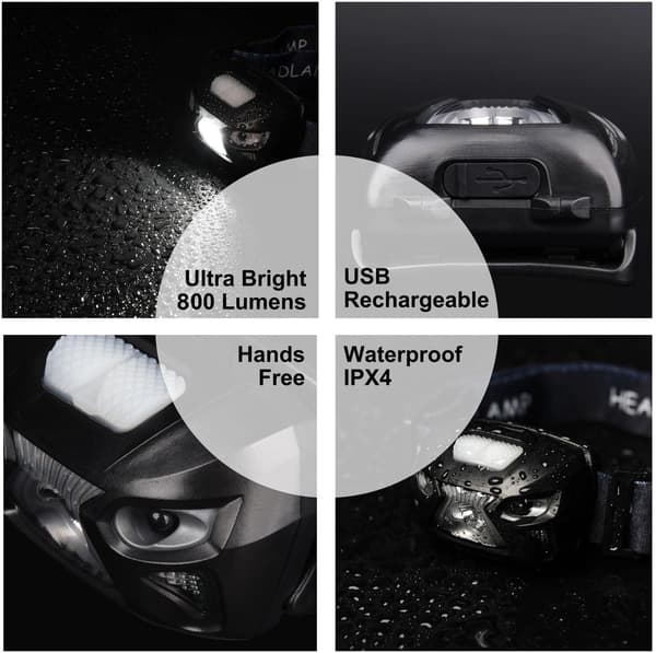 USB Ladbar LED Hodelykt Kraftig Hodelykt med 800LM,