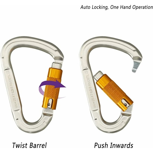 SOB klatrekarabiner selvlåsende karabinhager aluminium kraftige karabiner til klatring, rappelling, CE-certificering 2 stk.