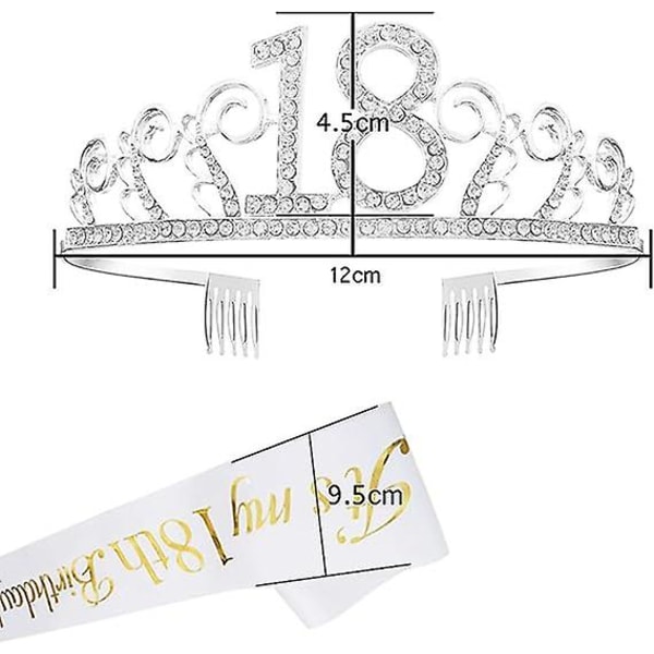 Grattis på 18-årsdagen Krona, födelsedagsflickans Sash och Tiara 18 år gammal Tiara med silverkristall Rhinestone Kam för Grattis på födelsedagen Party Dekorationer