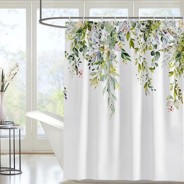 180*200 cm duschdraperi i tyg, grönt blommigt badrum dusch