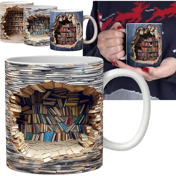 3D-bokhyllemugg, 3D-effektboksmuggar, kreativ rymddesign, multifunktionell keramikmugg, kaffemuggpresent till bokälskare C