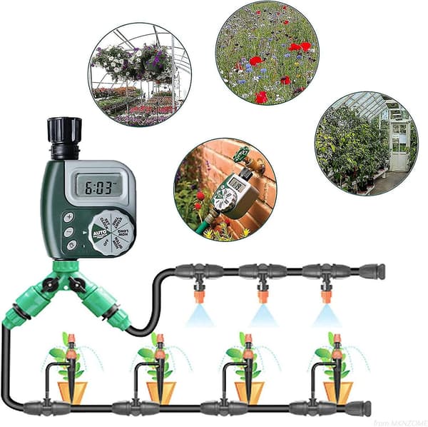 Vandingstimer, udendørs vandingsstyring, automatisk sprinkler, elektronisk slangetimer, flere programmer