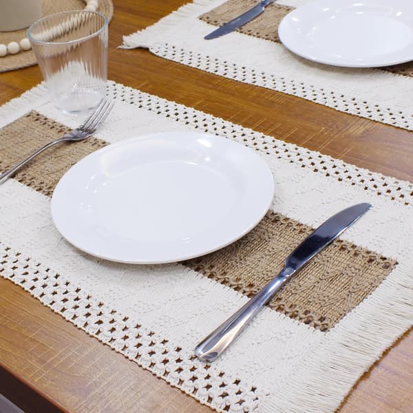 Boho-bordbrikker, sett med 4, makramé-borddekor og bondegårdstil