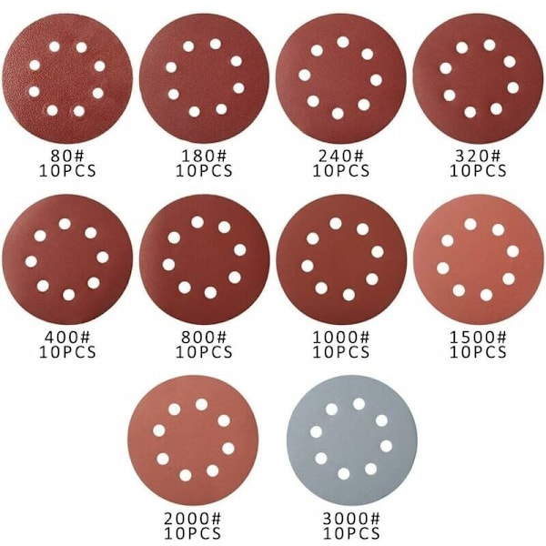 (125mm) 100 kpl hiomalevy, hiomatarvikko, hiomapaperi, hiomapaperi pyöreälle hiomakoneelle karkeus 80/180/240/320/400/800/1000/1500/2000/3000