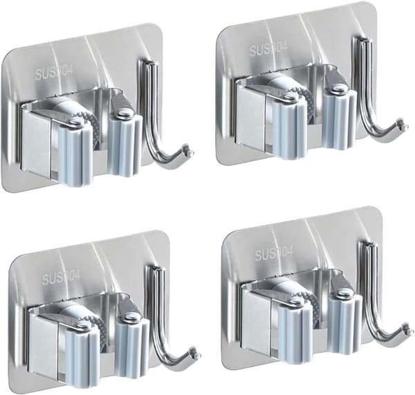 4-pakks Stålmoppholder for veggmontering, Selvklebende