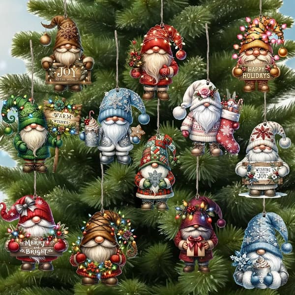 Trätomte Julgranspynt Set, 12 st Julgranspynt Tomtar, Färgglada Julpynt