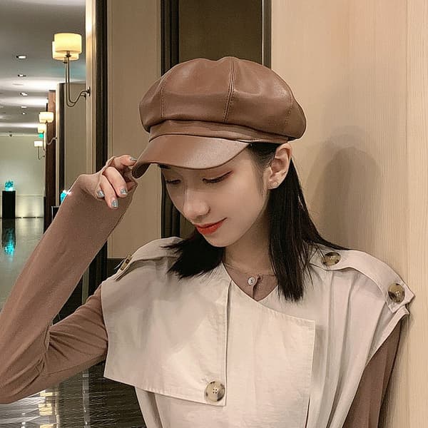 Barnhatt i läder, åttkantig, höst, brittisk trend, koreansk