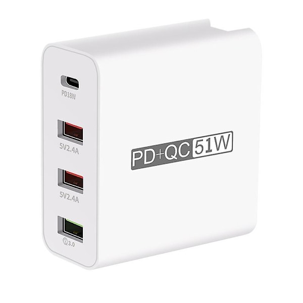 4-ports PD+QC3.0 Adapter USB-utgång Bärbar Snabbladdare 51W Adapter EU Plug