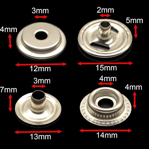 100 stk 15mm rustfritt stål feste trykknapp hette knapp marine båt lerret linje 24 (4 komponenter, 5 stk for hver)