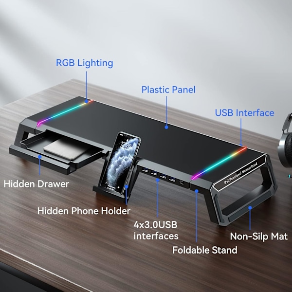 RGB-spelmonitorstativ - 4 USB 3.0-hub, 3 längdjusterbara monitorstativ med låda, förvaring och