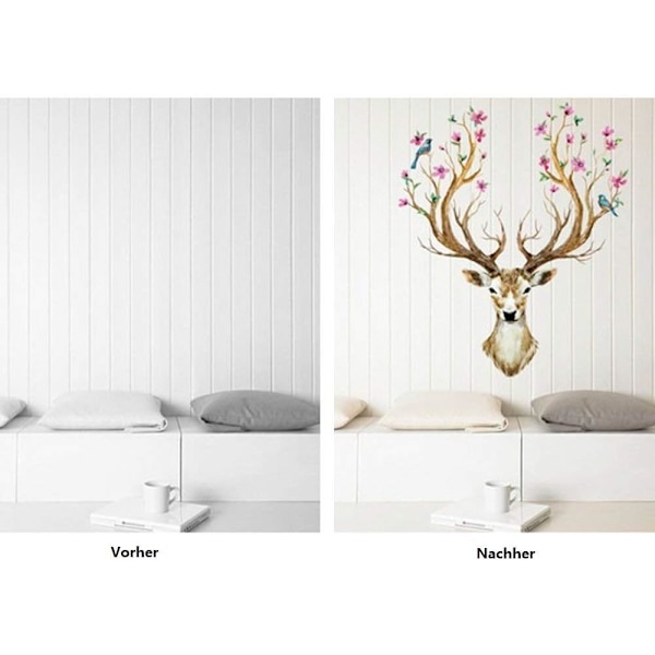 Vegglampe hjort tre blomst fugl (97x81 cm) i skog hode dyr