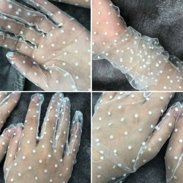 1 par Dam Solskydd Full Finger Förlovning Korta Tulle Handskar