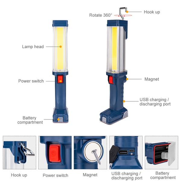 1 stk LED COB oppladbart arbeidslys med sterk magnet