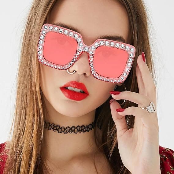 2-delt overdimensionerede solbriller med rhinestones, overdimensionerede firkantede
