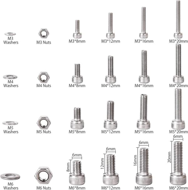 Sæt med 520 stk. M3 M4 M5 M6 rustfrit stål sekskant hoved knap socket