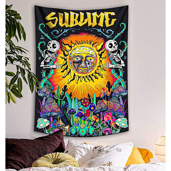 Psykedeelinen auringon seinävaate, hippi pystysuora värikäs seinävaate sienillä ja kaktuksilla makuuhuoneen sisustukseen 95*73 cm