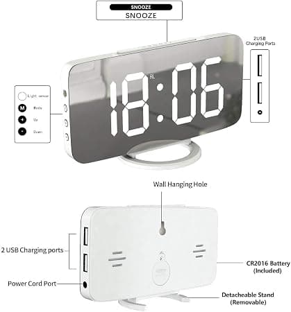 (Vit) Digital väckarklocka, stor spegel LED-klocka, snooze, dimbar
