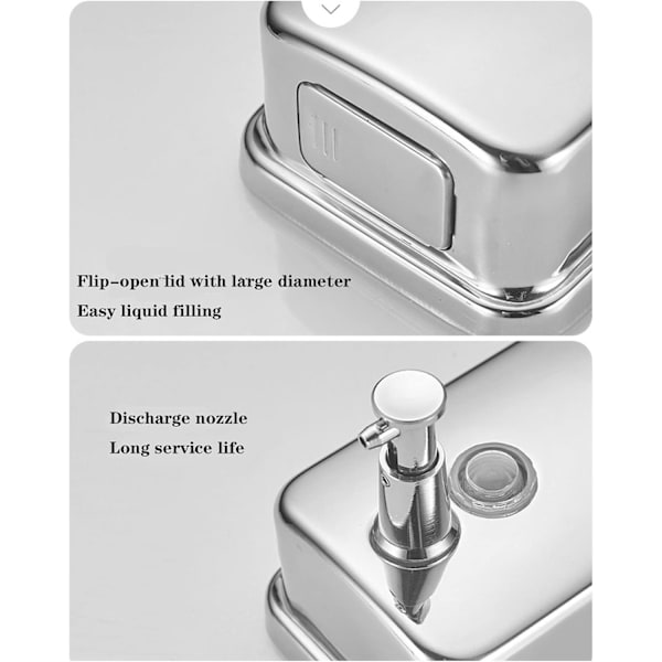Sæbe dispenser, 500ML Rustfrit stål 304 sølv sæbe dispenser, sæbe dispenser kasse til