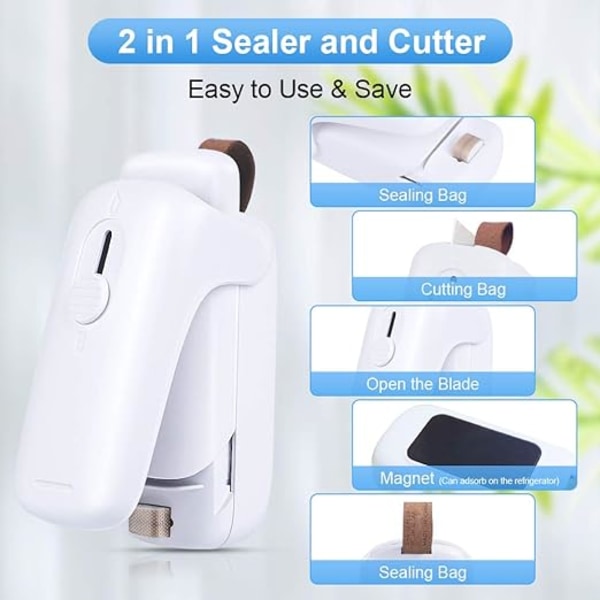 1 x 2 i 1 mini poseforsegler, mini poseforsegler med batterier, pose