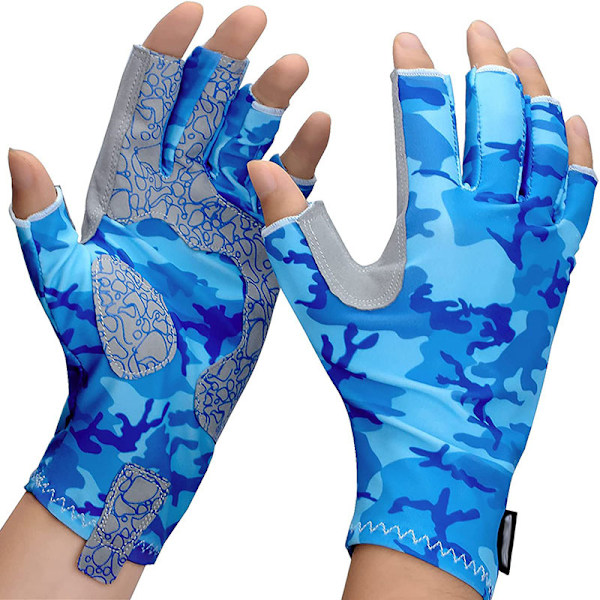 1 par fiskhandsker L/XL, blå, skridsikre camouflage jagthandsker, handsker til fiskeri, jagt, camping, vandring