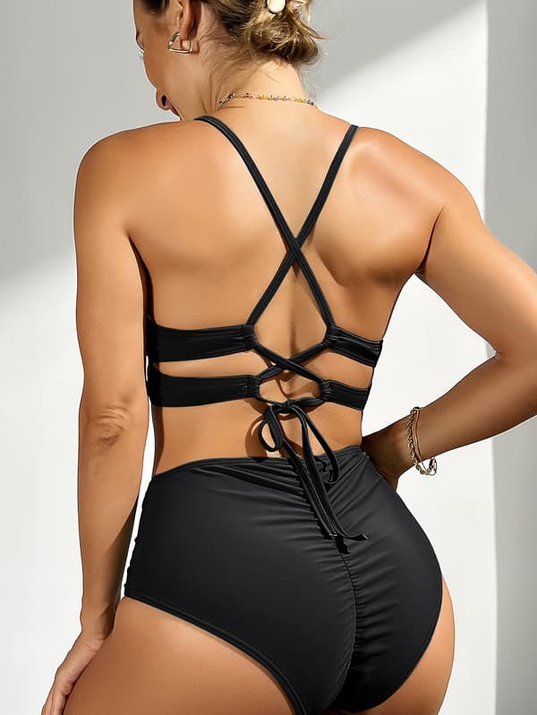 Dam Bikinitop & -byxa med V-ringning, Hög Midja, Elegant 2-delad