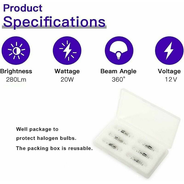 Set med 12 halogenlampor G4 20W 12V 2800 K 2 stift för huv, kök