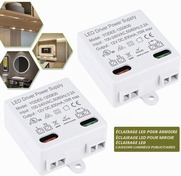 Sett med 2 mini LED-transformatorer: DC 24V 6W 250mA, minitransformator, flat, ingen krav til minimumsbelastning, utgangsspenning: 24V