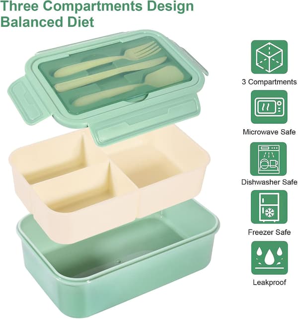 Bento lunsjboks, beholder med 3 rom, bestikk,