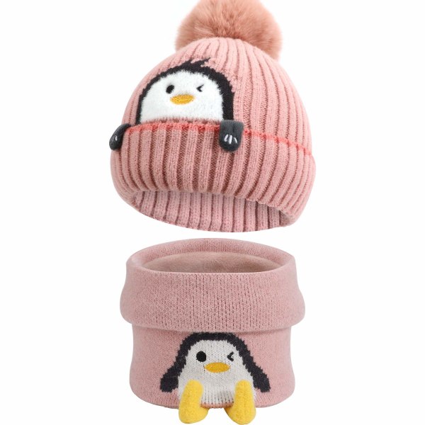 1 warm pink winter knitted woolen hat and scarf set