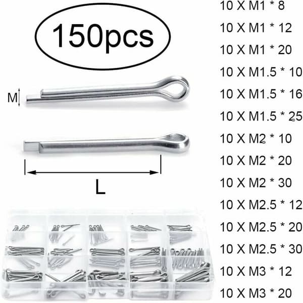 Cotter Pin 150 stykker 304 rustfritt stål låsepin sortiment