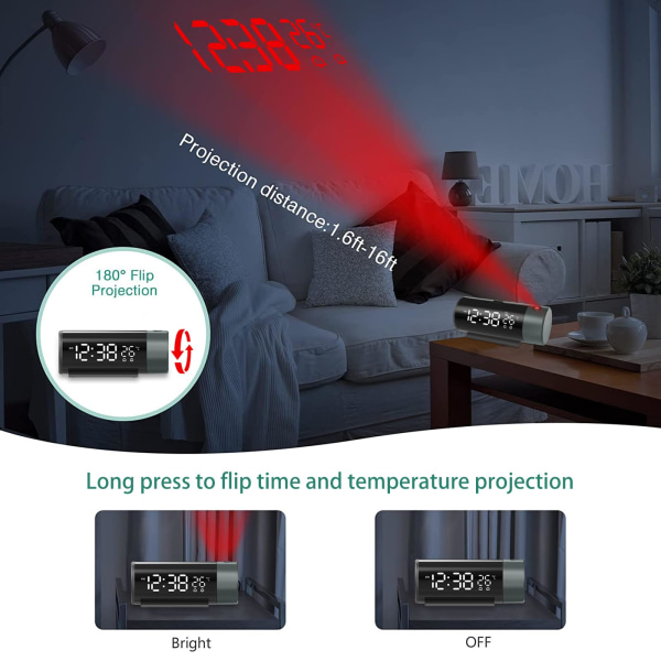 Projektionsväckarklocka för sovrum med 180° roterande projektor