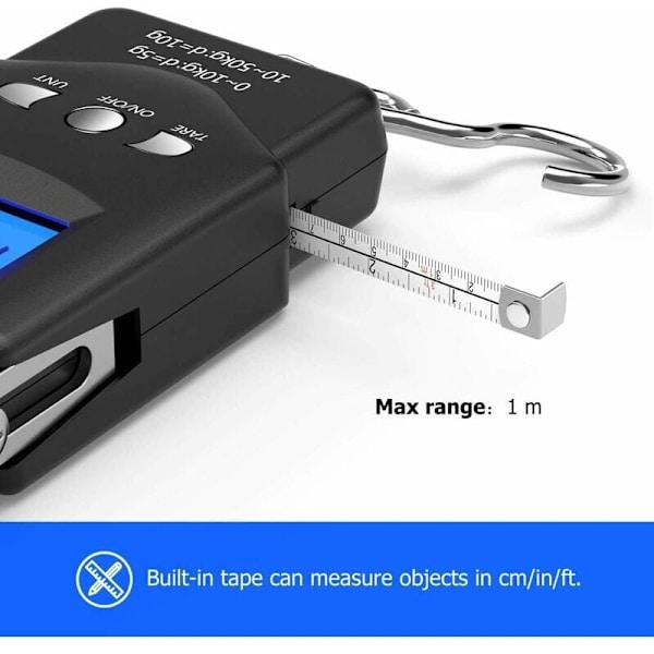 Elektroniset matkalaukut, LCD-digitaaliset kannettavat elektroniset kalastusvaaka digitaaliset matkalaukut (Max: 50 kg) koukulla + mittanauha（100 cm / 39 tuumaa）