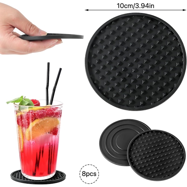 8 st svarta underlägg, tjock design (0,2 tum) runda muggunderlägg set om 8, silikonunderlägg för drycker, kaffekuddar ölbarmatta (tre stilar) (svart 3)