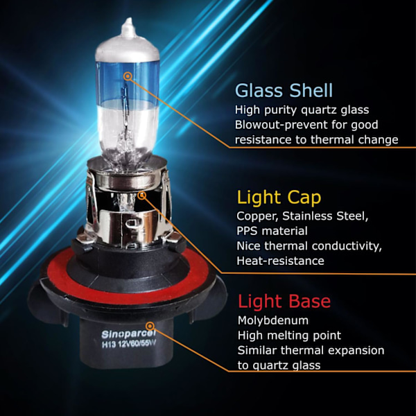 H13/9008 Halogen Høy- og Lavstråle Hovedlys Pære, 220% Mer Lysstyrke Erstatning for Standard 60W/55W Pære, Pakke med 2