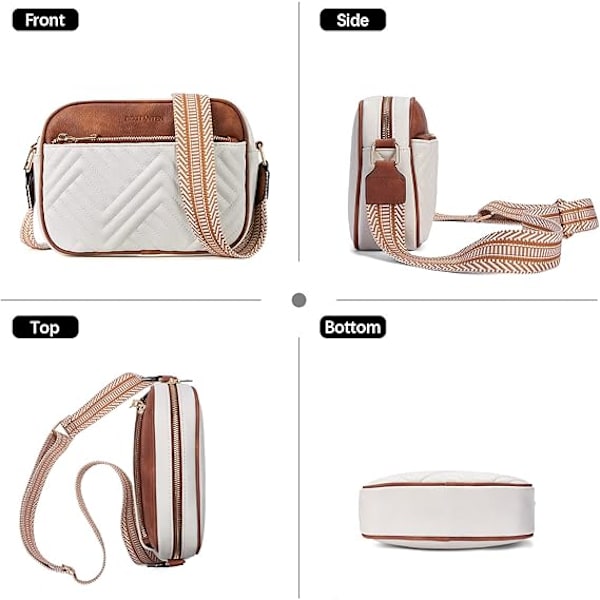 Damer Quiltad Crossbody Väska i Konstläder, Liten Axelväska med Bred Rem (Vit Brun)