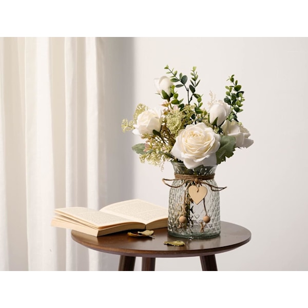 Kunstige blomster med vase, silke roser kunstige blomster i vase, falsk blomsteroppsats med vase egnet for hjemmet