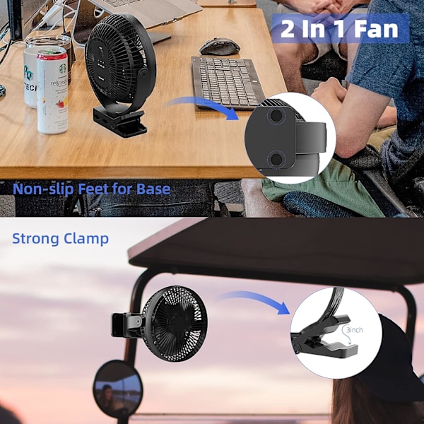 USB Bordventilator, Genopladelig Bærbar Ventilator, 8 Tommer Klipsventilator, 10000mAh Barnevognsventilator, 4 Hastigheder Stærk Luftstrøm, 720° R