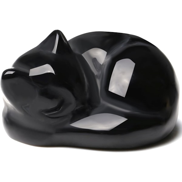 Svart obsidian katt krystaller figur statuette sovende katt dekor helbredende S