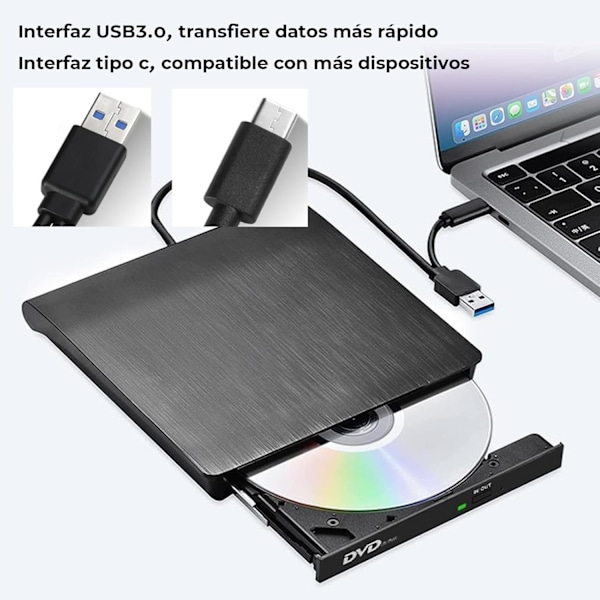 CD/DVD-drev, bærbar CD/DVD-RW/ROM brænder læser afspiller med USB 3.0 og Type C, ultra tynd ekstern CD-drev til