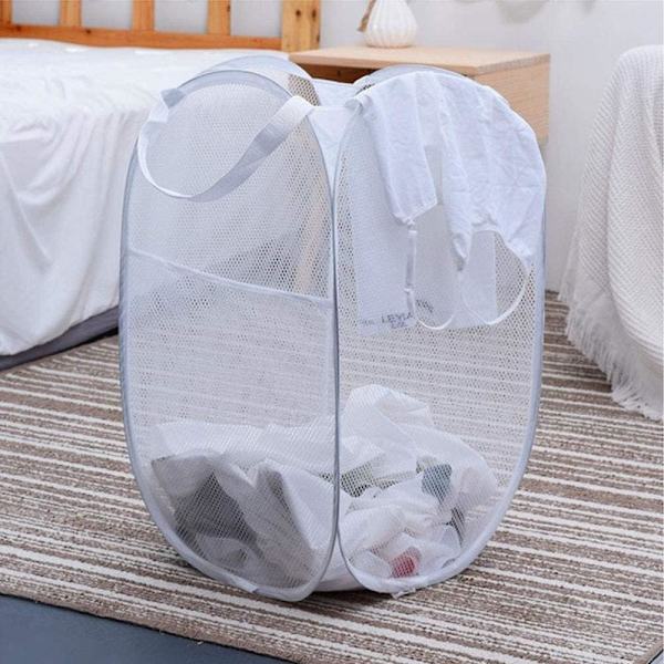 Pop-up tvättkorgar, bärbara tvättkorgar i nät, hopfällbar tvättkorg för sovrum, resor, badrum, studentboende, vit - 2-pack