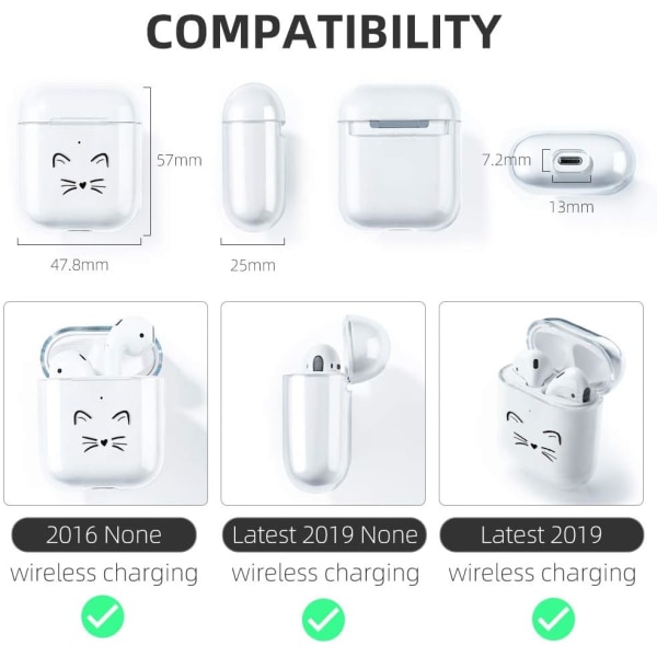 AirPods-deksel med katt, kompatibel med AirPods 2 og 1, gjennomsiktig silikon