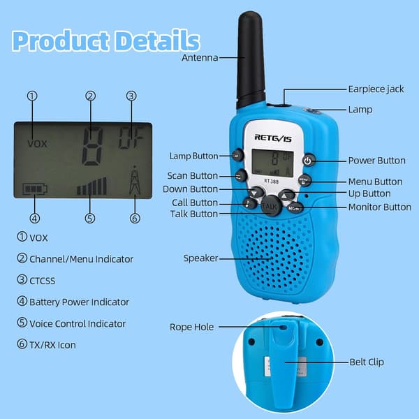 RT388 Walkie Talkies för barn, lång räckvidd 8CH leksaks presenter för 3-12